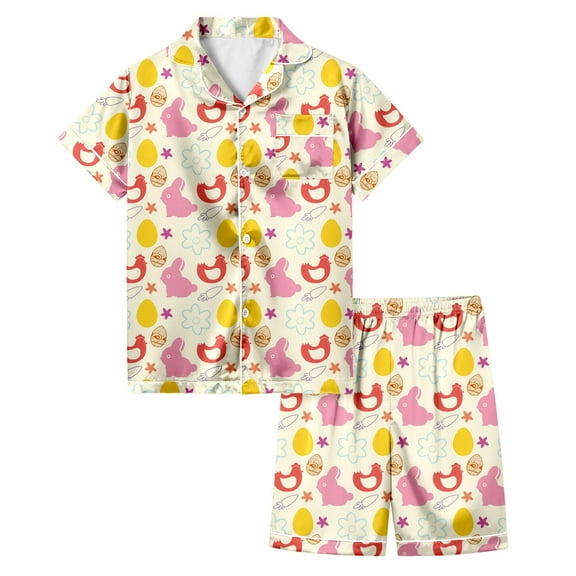 TOOYOU Girls Sleepwear 2 Pack Pajamas Easter Egg Painted Loungewear Set Silk Short Sleeved Shorts Pjs Set Can Play And Wear It Daily Girl Lightweight Pyjamas Size 12-13 Years Light Pink