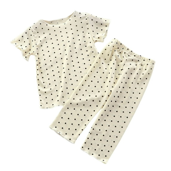TOOYOU Girls Sleepwear 2 Pack Pajamas Kid'S Homewear Polka Dot Print Short Sleeve T Shirt Long Pants Pjs Suits Sweet Girl Comfort Fit Summer Pyjamas Size 2-3 Years Beige