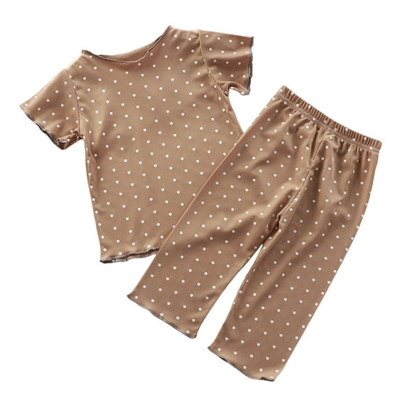 TOOYOU Girls Sleepwear 2 Pack Pajamas Kid'S Homewear Polka Dot Print Short Sleeve T Shirt Long Pants Pjs Suits Sweet Girl Comfort Fit Summer Pyjamas Size 6-7 Years Coffee