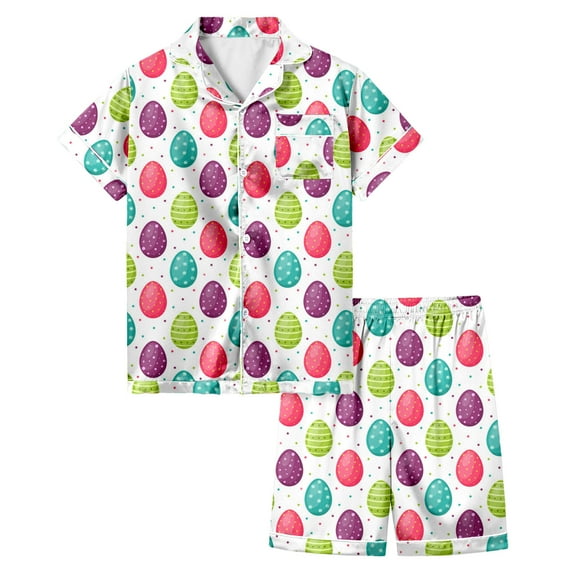 TOOYOU Girls Sleepwear 2 Pack Silk Pajamas Easter Egg Painted Homewear Set Short Sleeved Shorts Pjs Set For Daily Play And Wear Sweet Girl Relaxed Pyjamas Size 3-4 Years Hot Pink