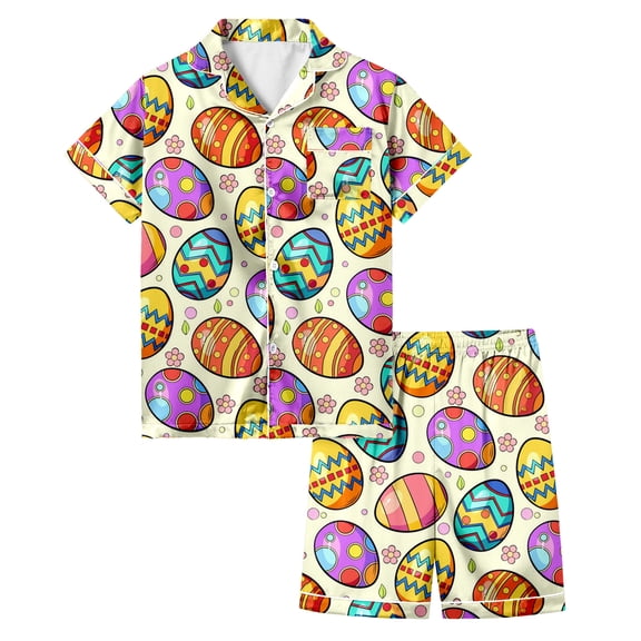 TOOYOU Girls Sleepwear 2 Pack Silk Pajamas Easter Egg Painted Homewear Set Short Sleeved Shorts Pjs Set For Daily Play And Wear Sweet Girl Relaxed Pyjamas Size 10-11 Years Beige