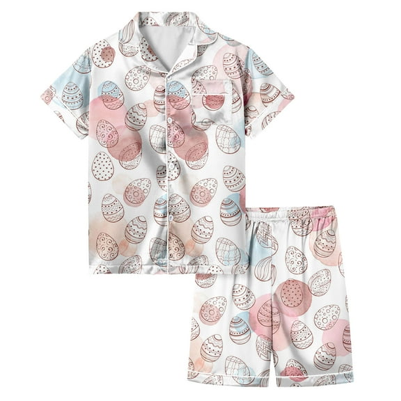 TOOYOU Girls Sleepwear 2 Pack Silk Pajamas Easter Egg Painted Homewear Set Short Sleeved Shorts Pjs Set For Daily Play And Wear Sweet Girl Relaxed Pyjamas Size 3-4 Years Beige