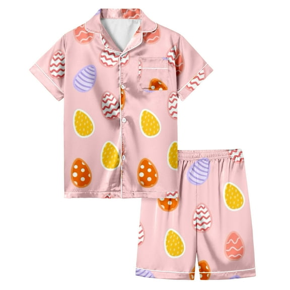 TOOYOU Girls Sleepwear 2 Pack Silk Pajamas Easter Egg Painted Homewear Set Short Sleeved Shorts Pjs Set For Daily Play And Wear Sweet Girl Relaxing Casual Pyjamas Size 12-13 Years Pink