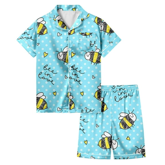 TOOYOU Girls Sleepwear Outfit Sets Bee Themed Kids Pajama Set Casual Festival Series Printed Loungewear Back To School Outfit Sets For Girls Size 6-7 Years Sky Blue