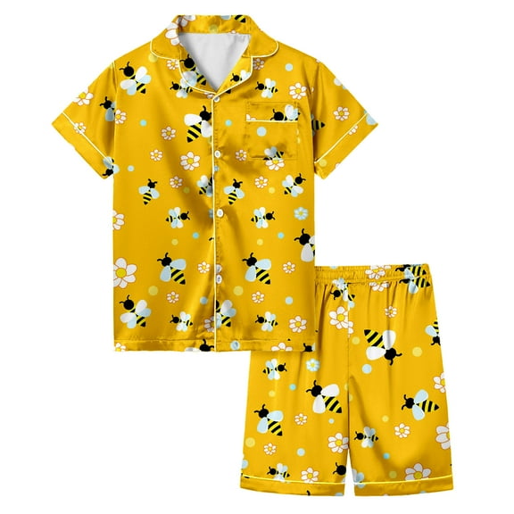 TOOYOU Girls Sleepwear Outfit Sets Bee Themed Kids Pajama Set Casual Festival Series Printed Loungewear Girls Matching Outfits Size 4-5 Years Yellow