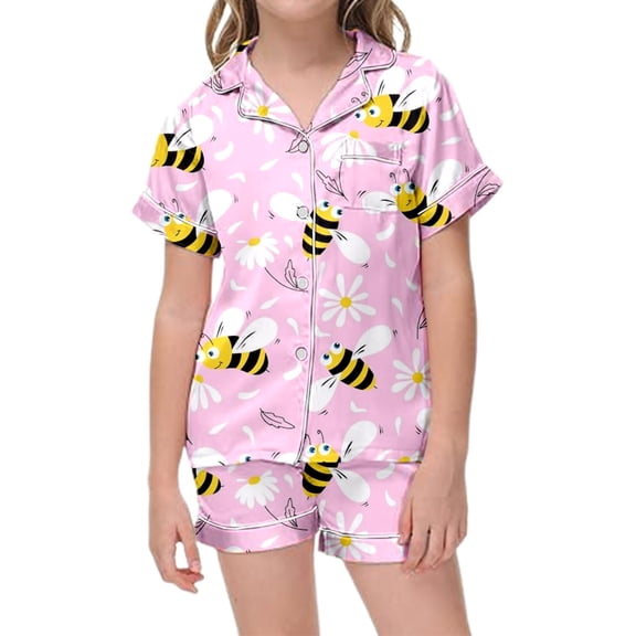 TOOYOU Girls Sleepwear Outfit Sets Bee Themed Kids Pajama Set Short Sleeved Button Top And Shorts Set Casual Loungewear Set With Pockets For Festival Size 2-3 Years Pink