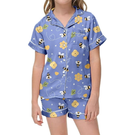 TOOYOU Girls Sleepwear Outfit Sets Bee Themed Kids Pajama Set Short Sleeved Button Top And Shorts Set Casual Loungewear Set With Pockets For Festival Size 4-5 Years Navy