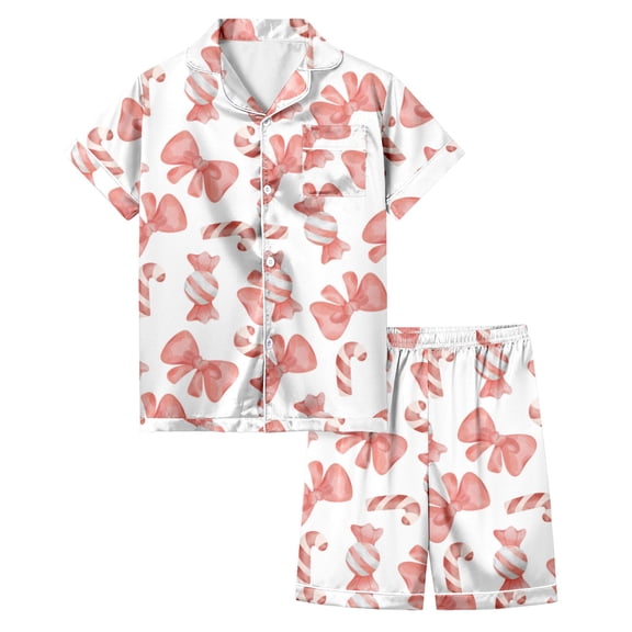 TOOYOU Girls Sleepwear Outfit Sets Bow Printed Pajamas Short Sleeved Button Top Shorts Home Pajamas Set Girls Casual Outfit Sets For School Size 10-11 Years Pink