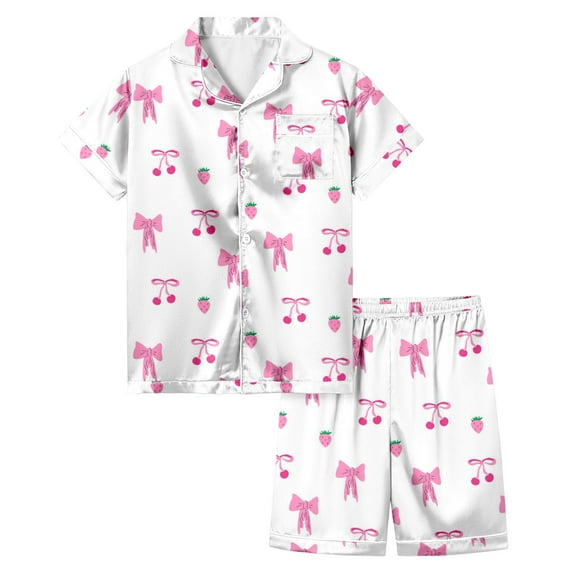 TOOYOU Girls Sleepwear Outfit Sets Bow Printed Pajamas Short Sleeved Button Top Shorts Home Pajamas Set Girls Playtime Outfits Size 6-7 Years Red