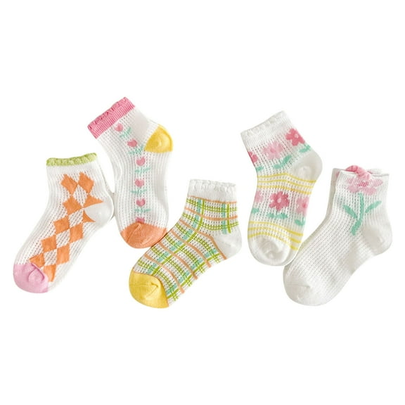 TOOYOU Girls Socks Summer Toddler Socks Cartoon Thin Breathable Cartoon Fashion Crew Socks 5Pcs Size 1-3 Years