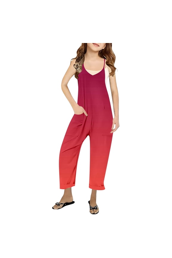 Girls Summer Jumpsuit Gradient V Neck Sleeveless Romper Loose Fit Casual Jumpsuit With Pockets For Teens And Juniors Child Jumpsuit Dailywear Size 13-14 Years ,Red
