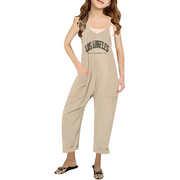 TOOYOU Girls Summer Jumpsuit Solid Color Letter Printing V Neck Sleeveless Romper Loose Fit Casual Jumpsuit With Pockets For Teens Comfort Fit Clothing For Kids Size 11-12 Years ,Khaki