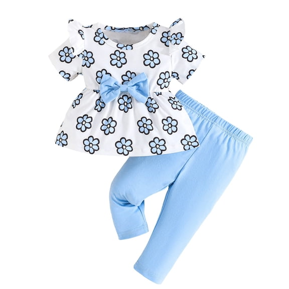 TOOYOU Girls Summer Outfit Sets Butterfly Knot Ruffled Long Sleeved Shirt And Casual Set Girls School Uniform Sets Size 9 -12 Months Sky Blue