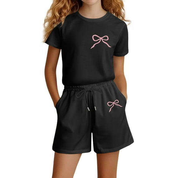 TOOYOU Girls Summer Outfit Sets Fashion Letter Print Casual Loose Short Sleeve Suit Back To School Outfit Sets For Girls Size 4 Years Black