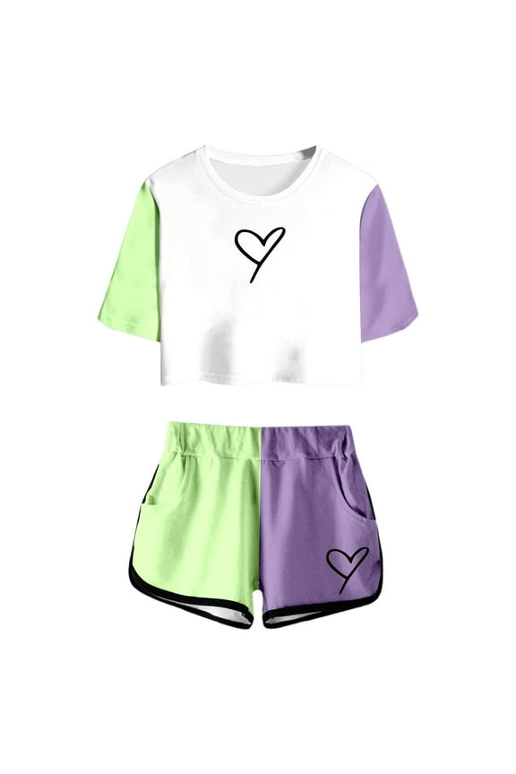 Girls Summer Outfit Sets Print Short Sleeve Top And Shorts Set Cute Round Neck Pocket Casual Outfit For Teens And Juniors Girls Playtime Outfits Size 4-5 Years Green