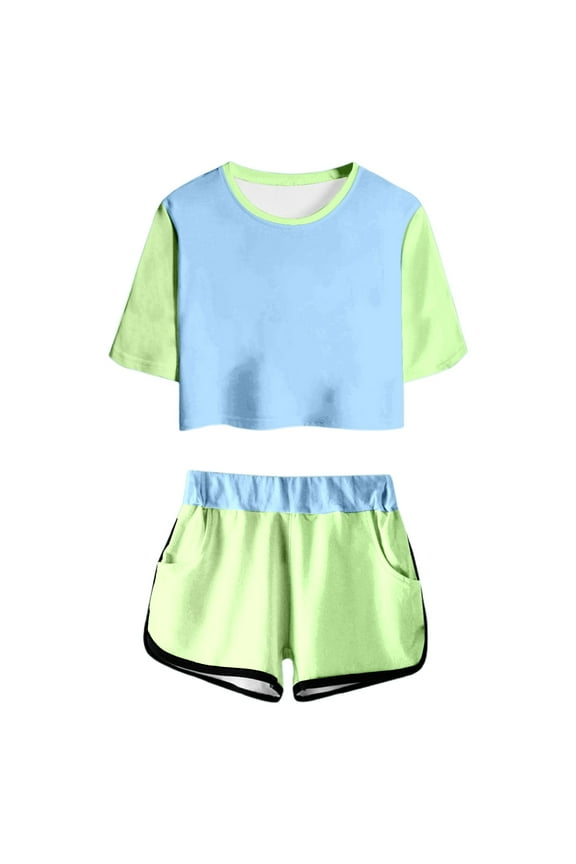 Girls Summer Outfit Sets Print Short Sleeve Top And Shorts Set Cute Round Neck Pocket Casual Outfit For Teens And Juniors Girls Playtime Outfits Size 4-5 Years Green