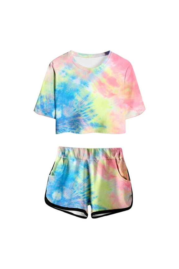 Girls Summer Outfit Sets Print Short Sleeve Top And Shorts Set Cute Round Neck Pocket Casual Outfit For Teens And Juniors Girls Playtime Outfits Size 4-5 Years Light Pink