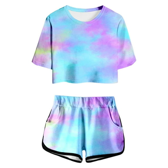 TOOYOU Girls Summer Outfit Sets Print Short Sleeve Top And Shorts Set Cute Round Neck Pocket Casual Outfit For Teens And Juniors Girls School Uniform Sets Size 13-14 Years Sky Blue