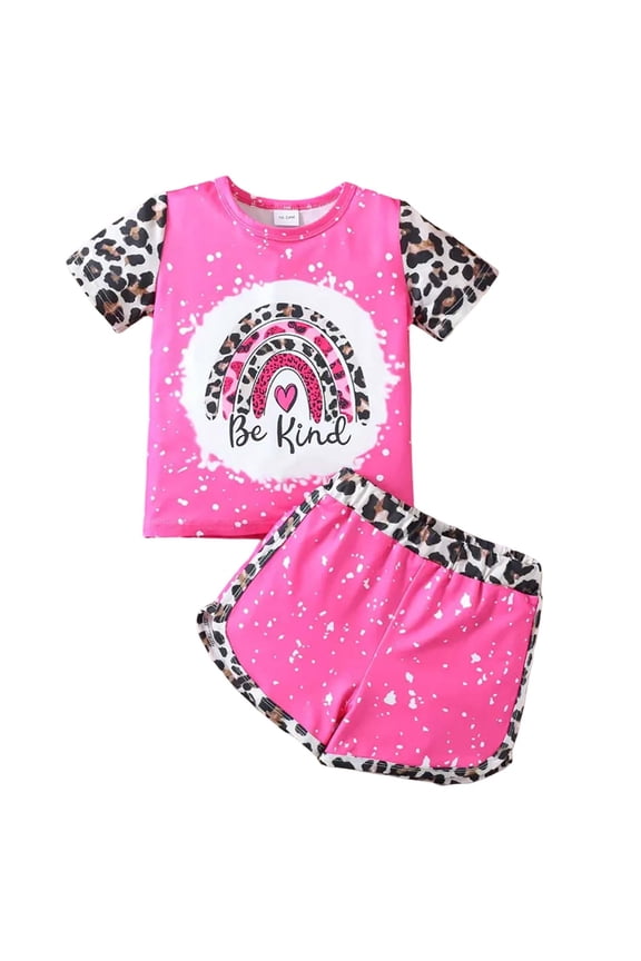 Girls Summer Outfit Sets Toddler Rainbow Color Block Leopard Print Short Sleeve Two Piece Set Fashion Outfit Girls School Uniform Sets Size 2-3 Years Pink