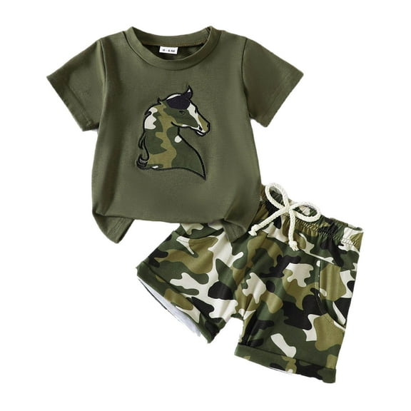 TOOYOU Girls Summer Outfit Sets Toddler Short Sleeve Cartoon Prints T Shirt Pullover Tops Shorts Outfits Girls School Uniform Sets Size 3 -6 Months Army Green