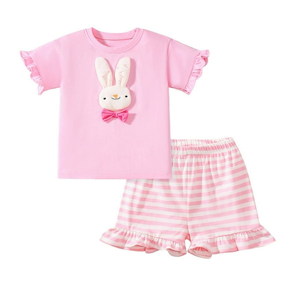 TOOYOU Girls Summer Outfit Sets Toddler Short Sleeve New Cute Casual Animal Rabbit Romper Shorts 2Pcs Outfits Outwear Girls Matching Outfits Size 3-4 Years Pink