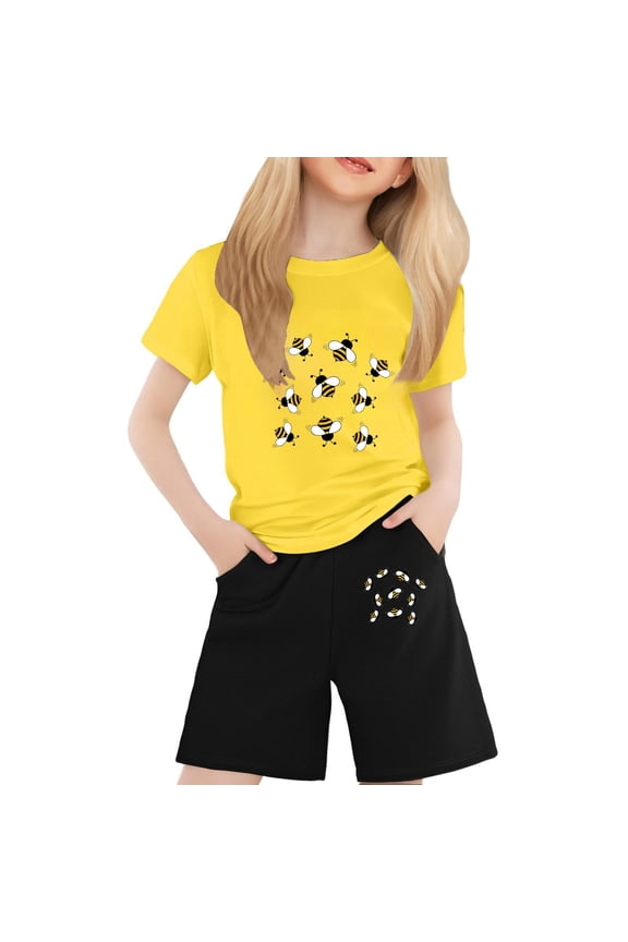 Girls Summer Outfit Sets World Bee Day Children'S Short Sleeved Festival Printed Comfort Round Neck T Shirt 2 Piece Set Girls Casual Outfit Sets For School Size 2-3 Years Yellow