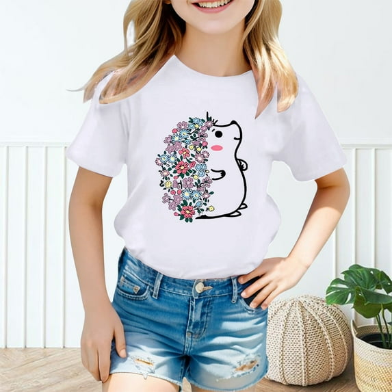 TOOYOU Girls T-Shirt Kid Cute Little Hedgehog Graphic Round Neck Short Sleeve Base Shirts Toddler Breathable Fit Tops White Size 7-8 Years