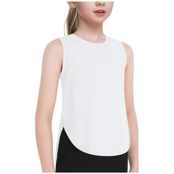 TOOYOU Girls T-Shirt Kids Athletic Solid Color Tank Tops Split Curved Hem Sleeveless Shirts For Gym Yoga Running Toddler Cozy Tops White Size 4-5 Years