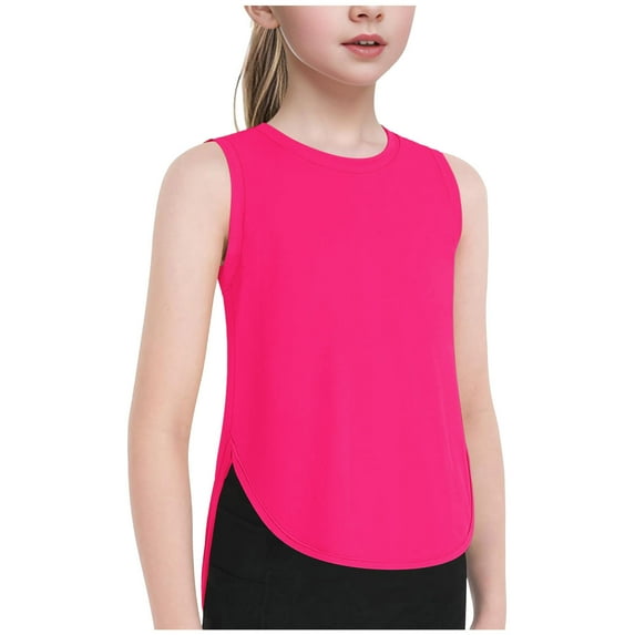 TOOYOU Girls T-Shirt Kids Athletic Solid Color Tank Tops Split Curved Hem Sleeveless Shirts For Gym Yoga Running children Summer Basic Tee Pink Size 2-3 Years