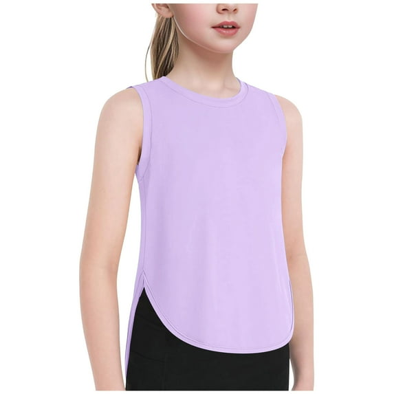 TOOYOU Girls T-Shirt Kids Athletic Solid Color Tank Tops Split Curved Hem Sleeveless Shirts For Gym Yoga Running Toddler Breathable Fit Tops Size 6-7 Years