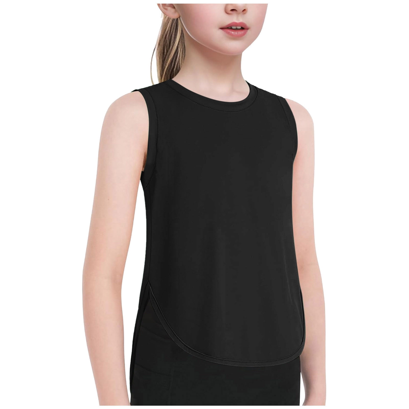 2026 Children's Girls' Summer Sporty Plain Tank Tops Split Rounded Hem Sleeveless Shirts For Gym Yoga Running Festive Blouse Girls, Black, 2-3 Years