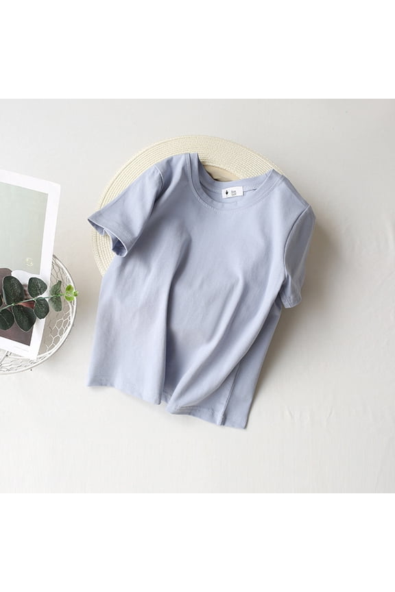 Girls T-Shirt Kids Basic Solid Color Top Baby Versatile Short Sleeved Cotton Tee Versatile Basic Top Blue Size 18-24 Months