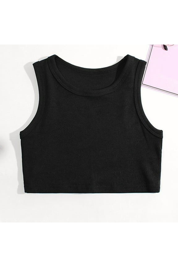 Girls T-Shirt Kids Dance Tank Top Racerback Crop Tank Top Sleeveless Sports Dance Top For Ballet Gymnastics Dancewear children Summer Basic Tee Black Size 5-6 Years