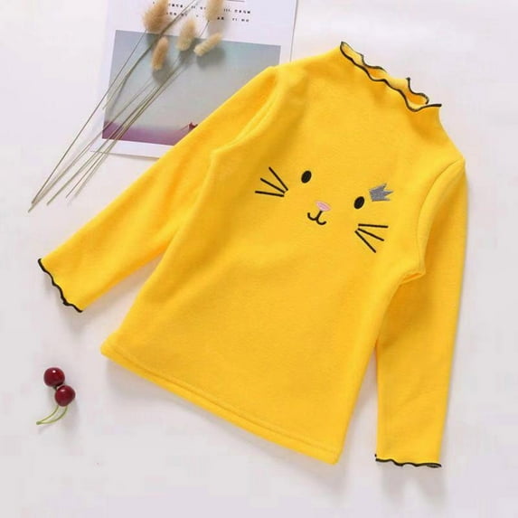 TOOYOU Girls T-Shirt Long Sleeve Ruffle Cat Print Top Shirts Casual Tee Casual Loose Tops For Toddler Yellow Size 2-3 Years