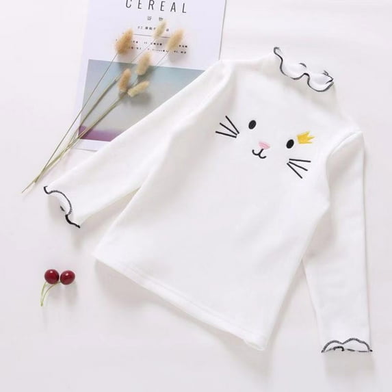 TOOYOU Girls T-Shirt Long Sleeve Ruffle Cat Print Top Shirts Casual Tee Toddler Breathable Fit Tops White Size 5-6 Years