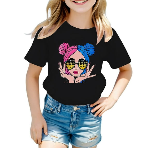 TOOYOU Girls Top Summer Graphic T-Shirt Kid Cute Casual Round Neck Short Sleeve Tee Multiple Colors Graphic T-Shirt Size 3-4 Years Black