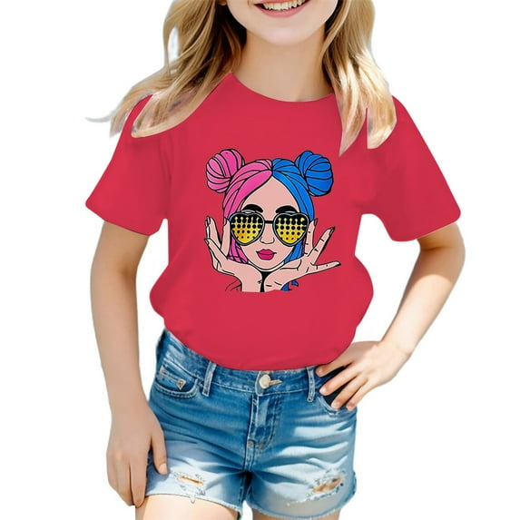 TOOYOU Girls Top Summer Graphic T-Shirt Kid Cute Casual Round Neck Short Sleeve Tee Multiple Colors Graphic T-Shirt Size 3-4 Years Hot Pink