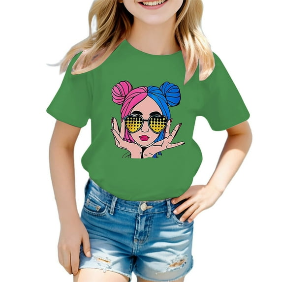 TOOYOU Girls Top Summer Graphic T-Shirt Kid Cute Casual Round Neck Short Sleeve Tee Multiple Colors Graphic T-Shirt Size 5-6 Years Green