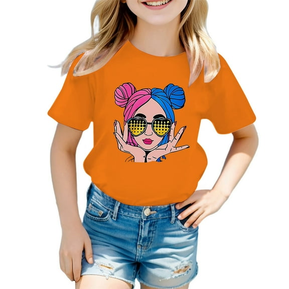 TOOYOU Girls Top Summer Graphic T-Shirt Kid Cute Casual Round Neck Short Sleeve Tee Multiple Colors Graphic T-Shirt Size 7-8 Years Orange