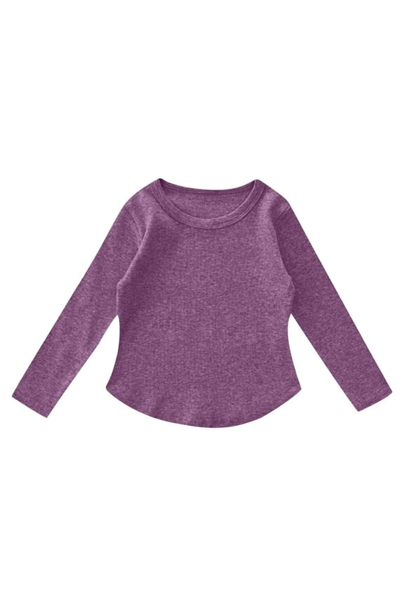 Girls Top Summer T-Shirt Kids Round Neck Long Sleeve Arc Hem Side Slit Soft Tunic Tops T Shirts Size 5-6 Years Purple