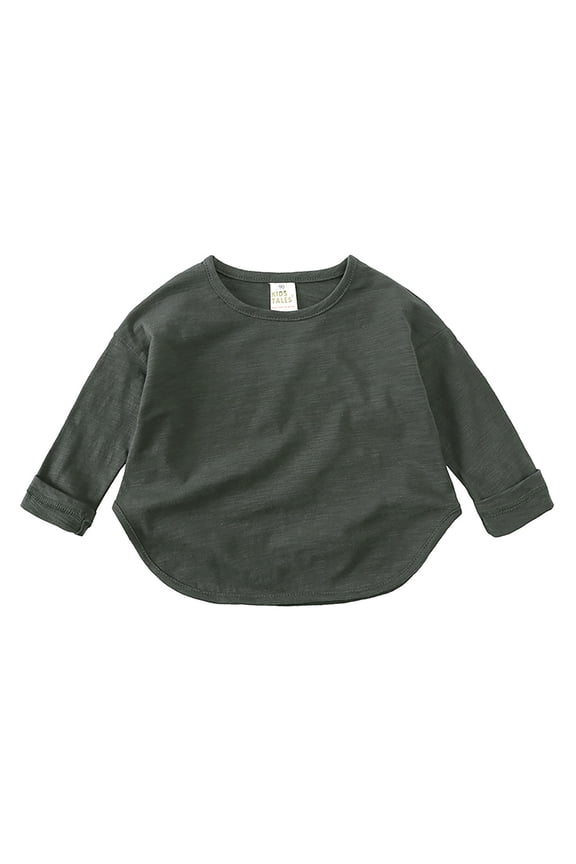 Girls Top Summer T-Shirt Kids Solid Color Round Neck Long Sleeve Arc Hem Side Slit Soft Tunic Tops T Shirts Size 4-5 Years Dark Gray