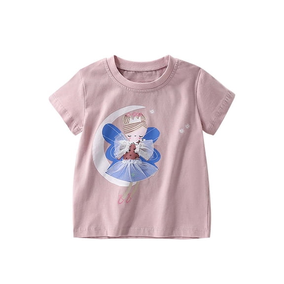 TOOYOU Girls Top Summer T-Shirt Short Sleeve Ballet T Shirt Round Neck Embroidered Top For Toddlers Size 7-8 Years Light Pink