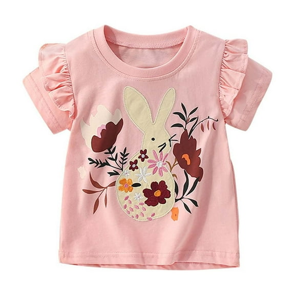 TOOYOU Girls Top Summer T-Shirt Toddler Bunny Floral Embroidered T Shirt Casual Short Sleeve Top Size 18 -24 Months Pink