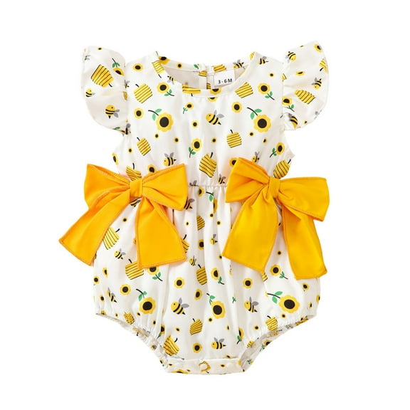 TOOYOU Girls Bodysuits Butterfly Sleeves Bow Cartoon Bee Prints Romper Girl Clothes Comfort Playsuit Size 3-6 Months Yellow