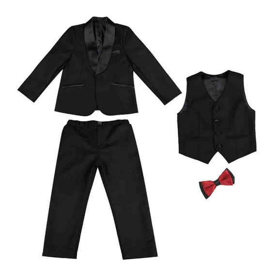 TOOYOU Kids Toddler Baby Boys Gentleman Suit Set Long Sleeve Pants Coat Vest Solid 4Pc Suit Clothes Black Size 5-6 Years