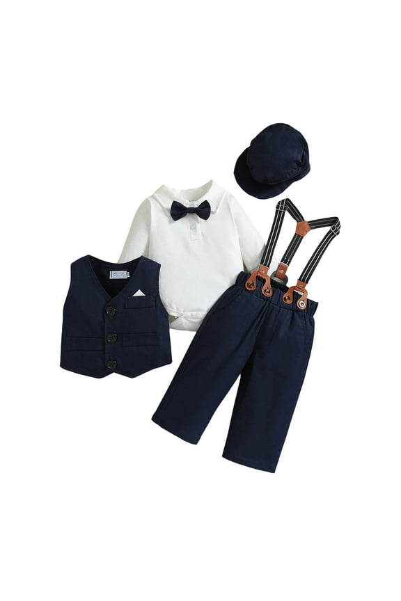 Kids Toddler Baby Boys Outfits Spring Autumn Print Long Sleeve Pants Romper Bodysuit Vest Hat Outfits 4Pc Suit Clothes Blue Size 0-6 Months