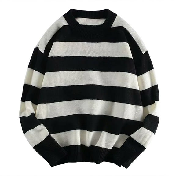 TOOYOU Men's Casual Striped Sweater Top Rip Long Sleeve Sweater Loose Warm Soft Round Neck Sweatshirt Blouse Easy Matching Top Black