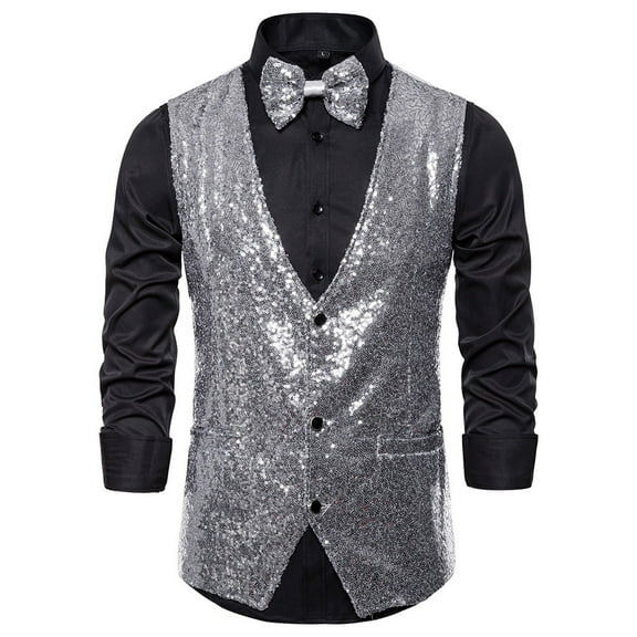 TOOYOU Men's Dress Shirts Suit Vest Slim Fit Business Wedding Waistcoat Sleeveless Tank With Cravat Mens Breathable Tees Silver