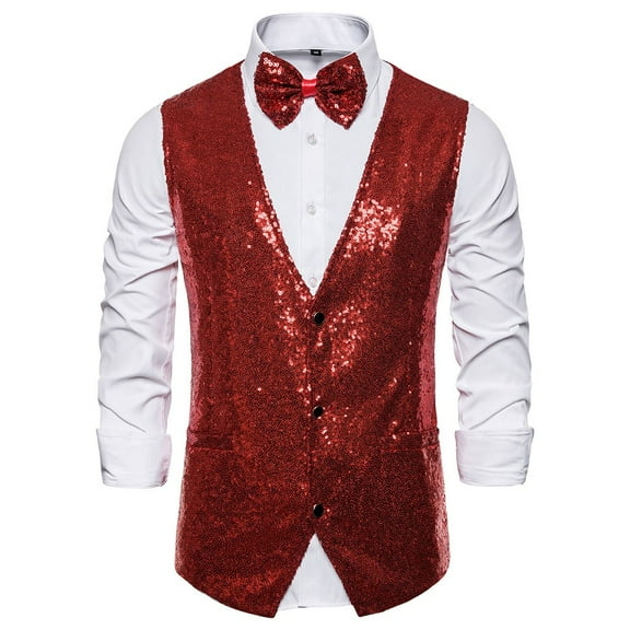 TOOYOU Men's Dress Shirts Suit Vest Slim Fit Business Wedding Waistcoat Sleeveless Tank With Cravat Mens Casual Everyday Tees Red