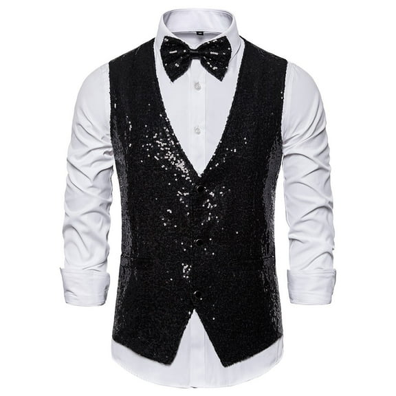 TOOYOU Men's Dress Shirts Suit Vest Slim Fit Business Wedding Waistcoat Sleeveless Tank With Cravat Mens Fashion Trendy Tees Black